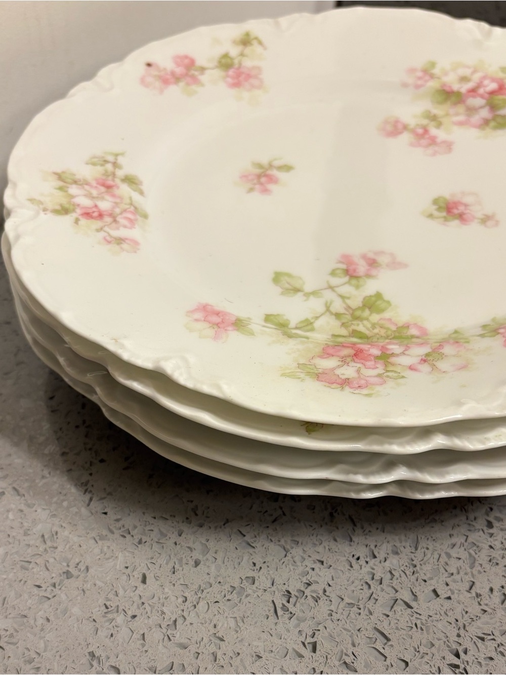 4 Haviland France White Porcelain Dinner Plates with Pink Floral and Green Leaf